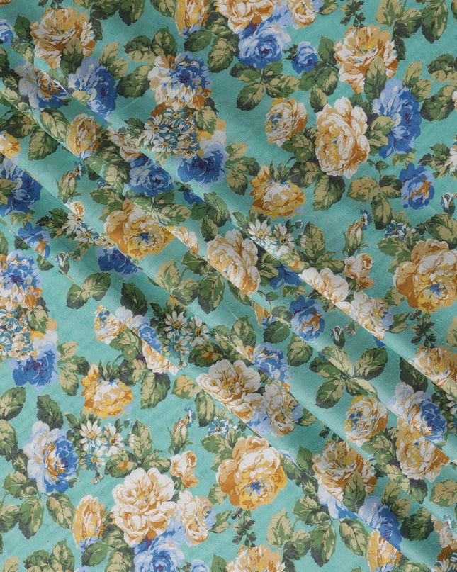 Mint Green Japanese Cotton Voile Fabric, Yellow & Blue Floral Print, 110 cm Width-D20915