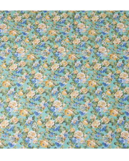 Mint Green Japanese Cotton Voile Fabric, Yellow & Blue Floral Print, 110 cm Width-D20915