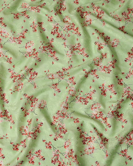 Light Green Japanese Cotton Voile Fabric, Red & Pink Leaf Print, 110 cm Width-D20918