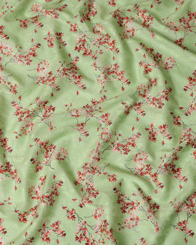 Light Green Japanese Cotton Voile Fabric, Red & Pink Leaf Print, 110 cm Width-D20918