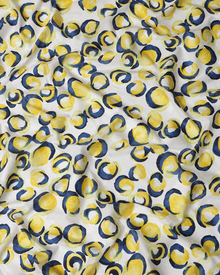 White Japanese Cotton Voile Fabric, Yellow & Blue Abstract Circle Print, 110 cm Width-D20919