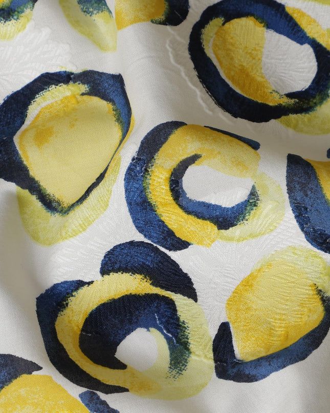 White Japanese Cotton Voile Fabric, Yellow & Blue Abstract Circle Print, 110 cm Width-D20919