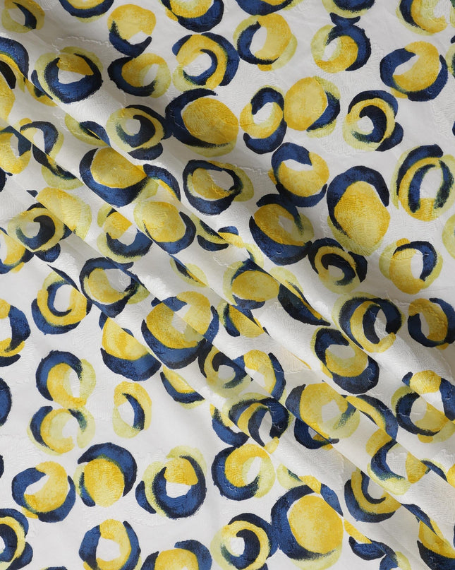 White Japanese Cotton Voile Fabric, Yellow & Blue Abstract Circle Print, 110 cm Width-D20919