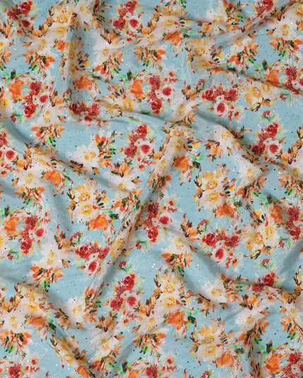 Light Blue Indian Viscose Crepe Fabric with Foil, Floral Print, 110 cm Width-D20921