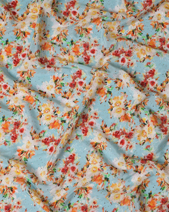 Light Blue Indian Viscose Crepe Fabric with Foil, Floral Print, 110 cm Width-D20921