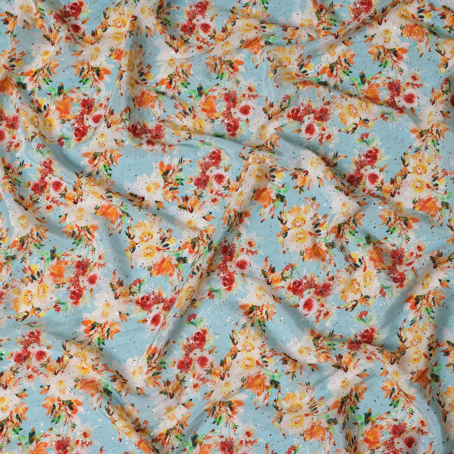 قماش كريب فيسكوز هندي أزرق فاتح مع ورق معدني، مطبوع عليه زهور، عرض 110 سم - D20921