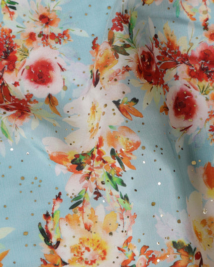 Light Blue Indian Viscose Crepe Fabric with Foil, Floral Print, 110 cm Width-D20921