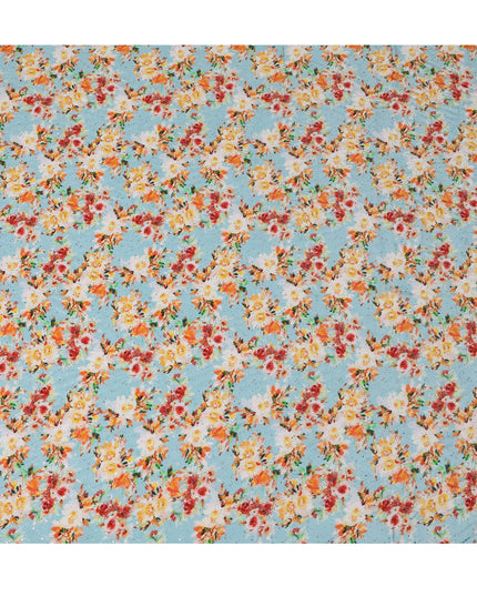 Light Blue Indian Viscose Crepe Fabric with Foil, Floral Print, 110 cm Width-D20921