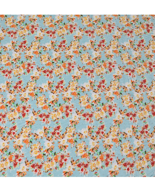 Light Blue Indian Viscose Crepe Fabric with Foil, Floral Print, 110 cm Width-D20921