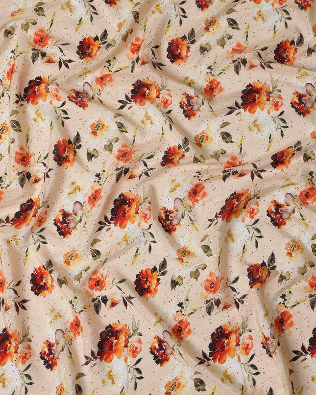 Beige Indian Viscose Crepe Fabric with Foil, Red & Orange Floral Print, 110 cm Width-D20922