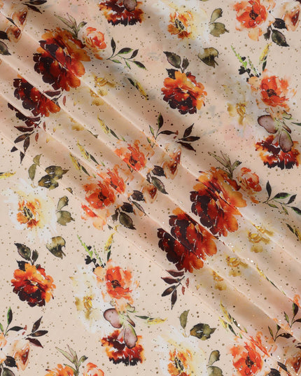 Beige Indian Viscose Crepe Fabric with Foil, Red & Orange Floral Print, 110 cm Width-D20922