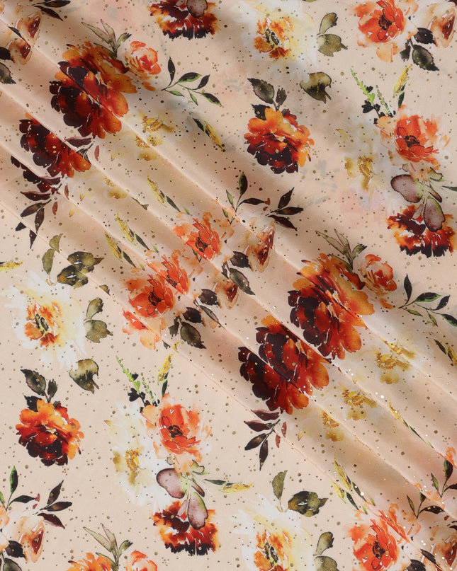 Beige Indian Viscose Crepe Fabric with Foil, Red & Orange Floral Print, 110 cm Width-D20922