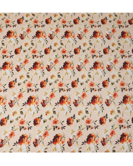 Beige Indian Viscose Crepe Fabric with Foil, Red & Orange Floral Print, 110 cm Width-D20922