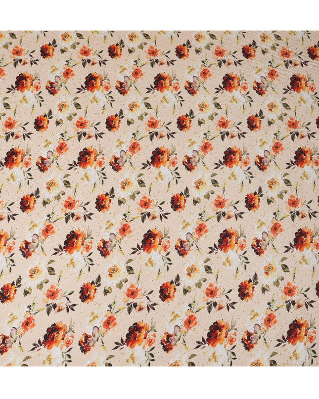 Beige Indian Viscose Crepe Fabric with Foil, Red & Orange Floral Print, 110 cm Width-D20922