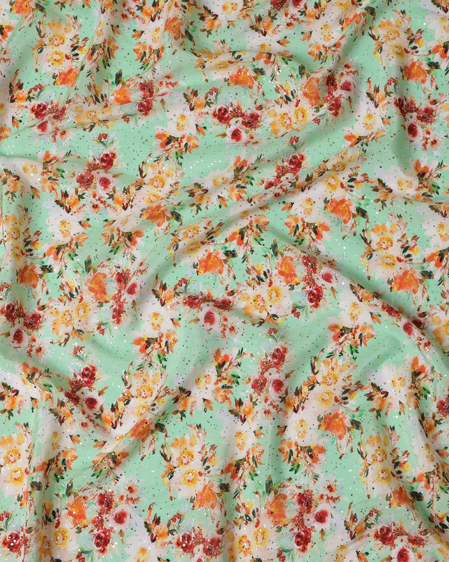 Mint Green Indian Viscose Crepe Fabric with Foil, Orange & Red Floral Print, 110 cm Width-D20923