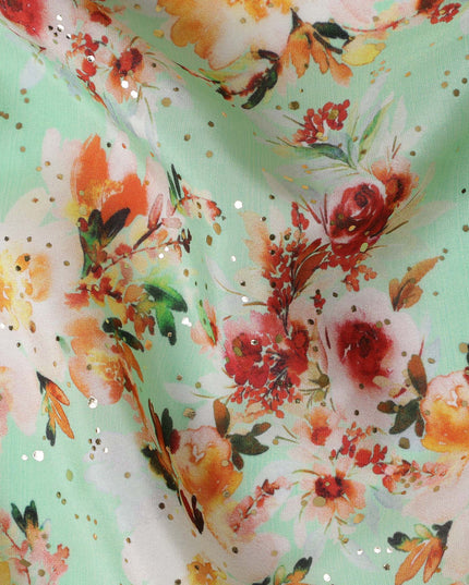 Mint Green Indian Viscose Crepe Fabric with Foil, Orange & Red Floral Print, 110 cm Width-D20923