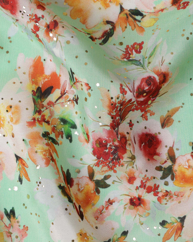 Mint Green Indian Viscose Crepe Fabric with Foil, Orange & Red Floral Print, 110 cm Width-D20923