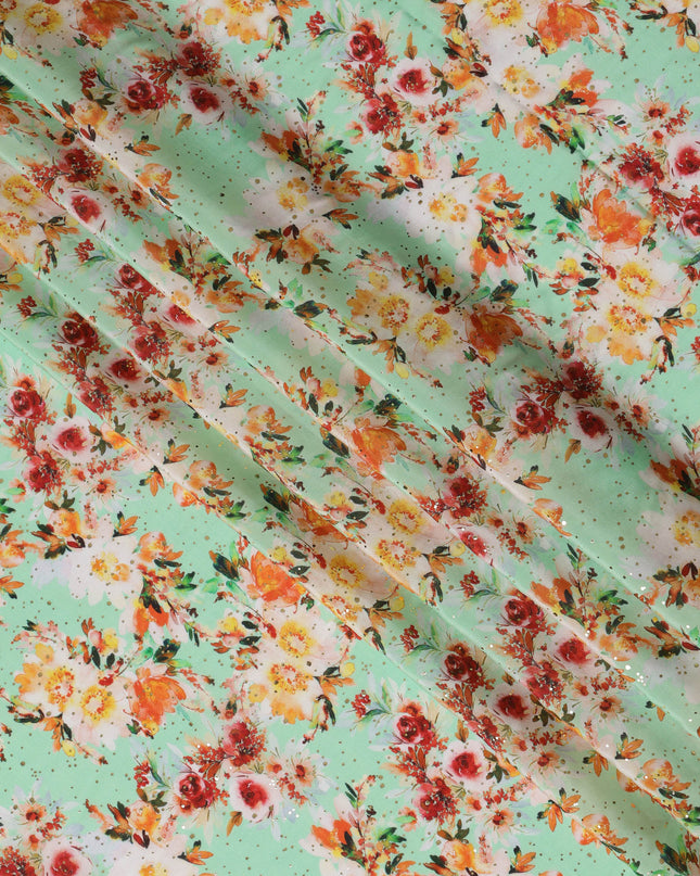 Mint Green Indian Viscose Crepe Fabric with Foil, Orange & Red Floral Print, 110 cm Width-D20923