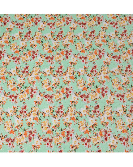 Mint Green Indian Viscose Crepe Fabric with Foil, Orange & Red Floral Print, 110 cm Width-D20923