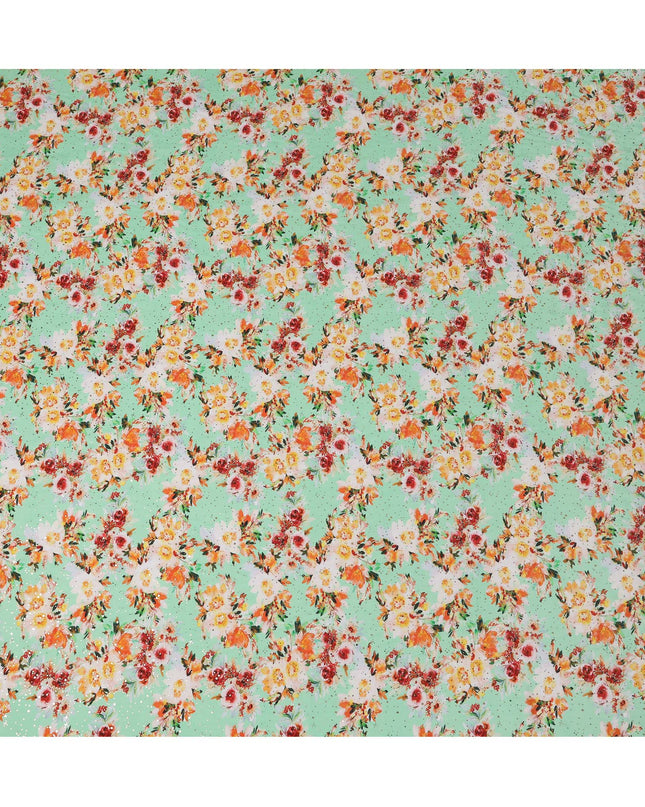 Mint Green Indian Viscose Crepe Fabric with Foil, Orange & Red Floral Print, 110 cm Width-D20923