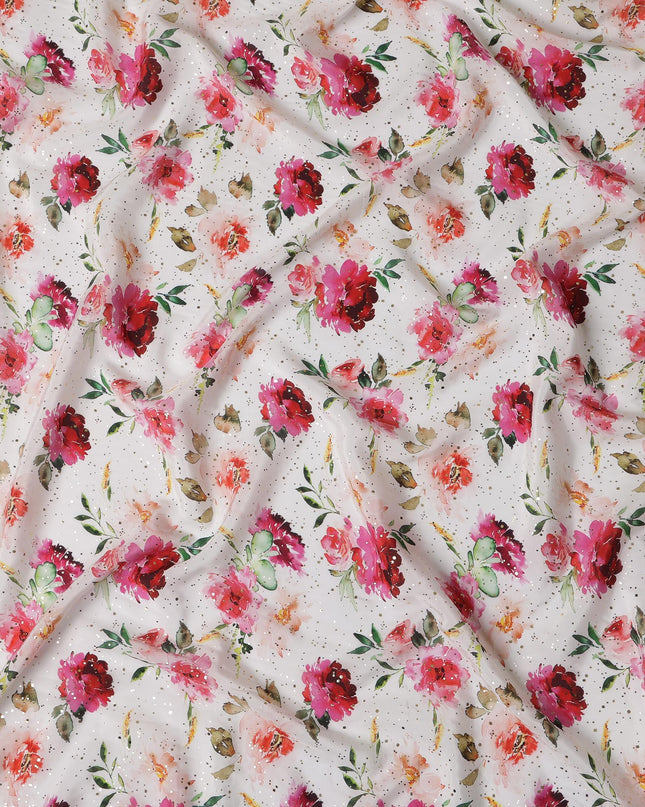 White Indian Viscose Crepe Fabric with Foil, Pink & Red Floral Print, 110 cm Width-D20925