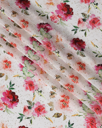 White Indian Viscose Crepe Fabric with Foil, Pink & Red Floral Print, 110 cm Width-D20925