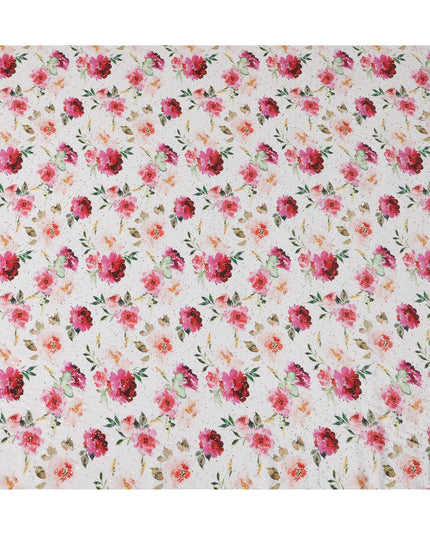 White Indian Viscose Crepe Fabric with Foil, Pink & Red Floral Print, 110 cm Width-D20925