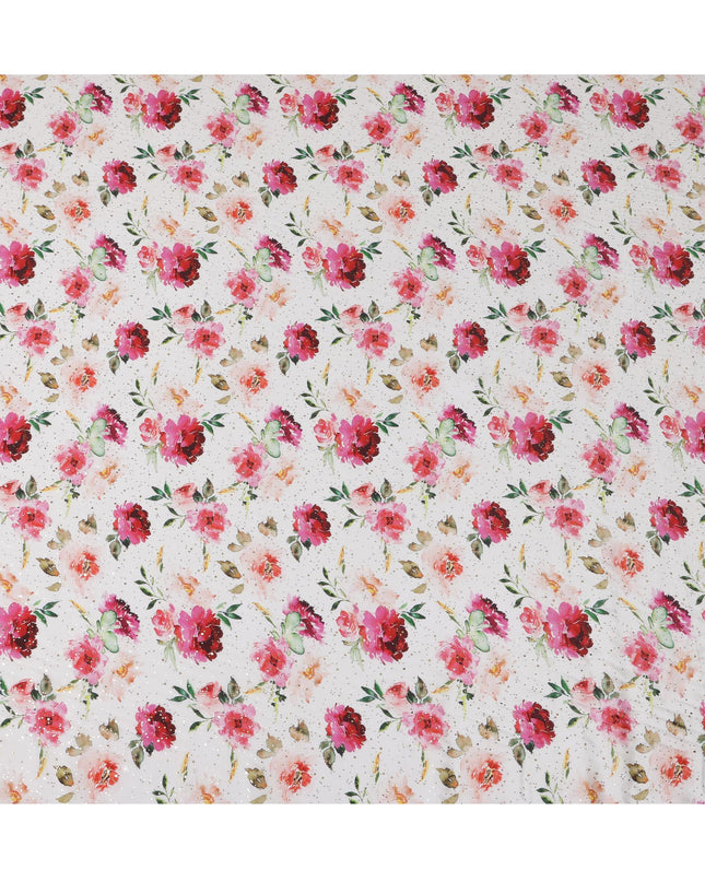 White Indian Viscose Crepe Fabric with Foil, Pink & Red Floral Print, 110 cm Width-D20925