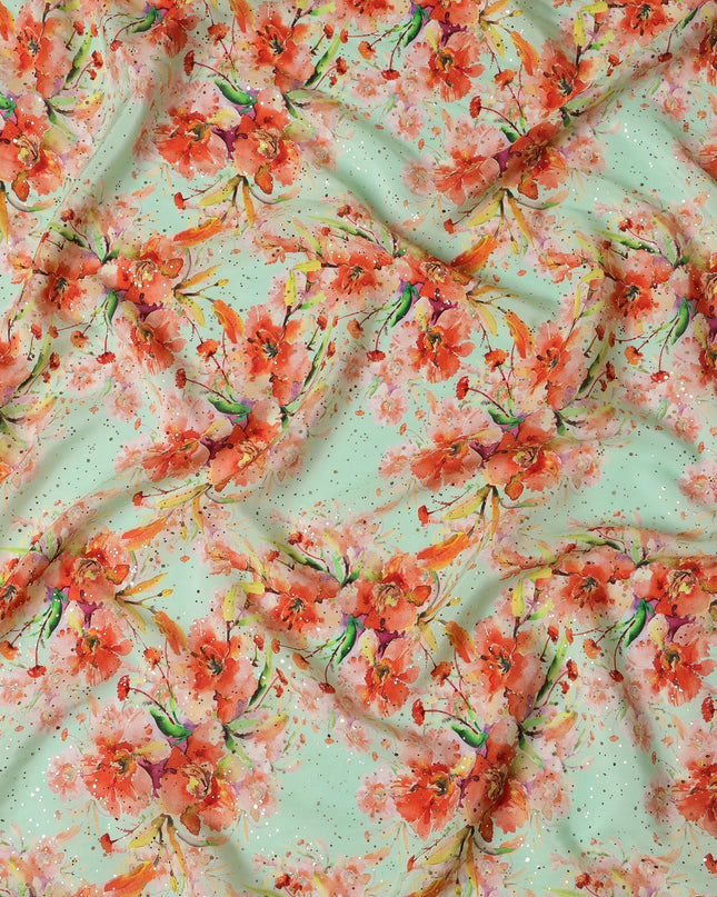 Mint Green Indian Viscose Crepe Fabric with Foil, Orange Floral Print, 110 cm Width-D20926