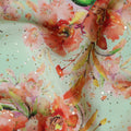 Mint Green Indian Viscose Crepe Fabric with Foil, Orange Floral Print, 110 cm Width-D20926