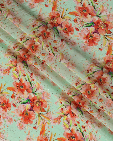 Mint Green Indian Viscose Crepe Fabric with Foil, Orange Floral Print, 110 cm Width-D20926