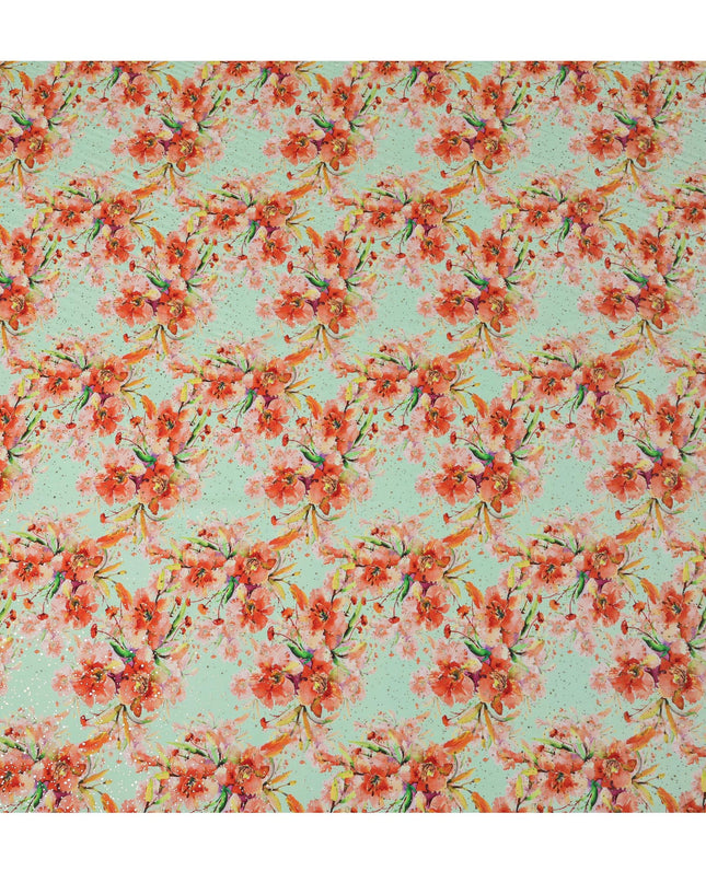 Mint Green Indian Viscose Crepe Fabric with Foil, Orange Floral Print, 110 cm Width-D20926