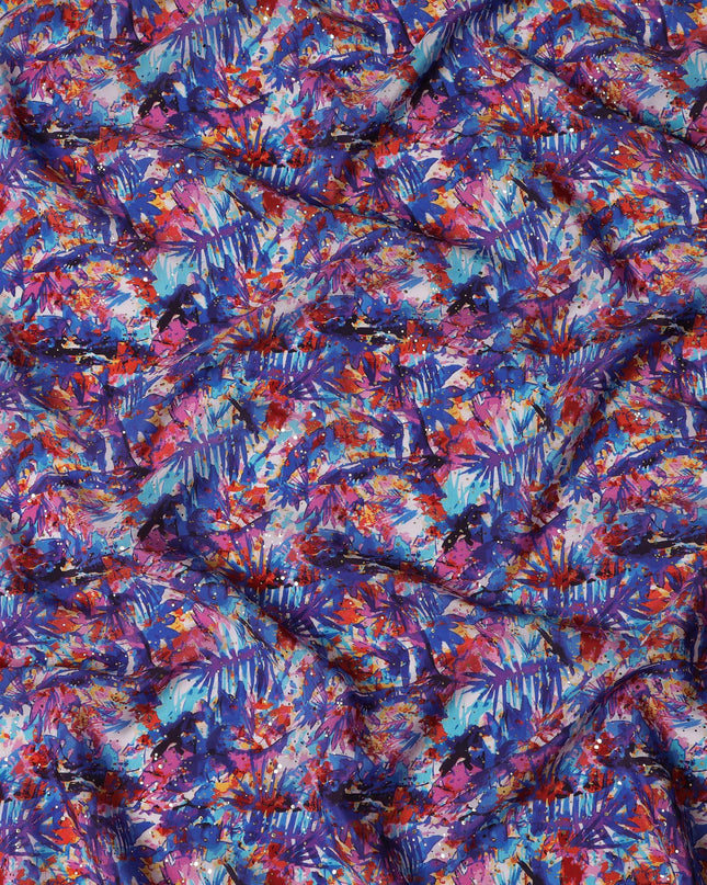 Blue Indian Viscose Crepe Fabric with Foil, Abstract Multicolor Print, 110 cm Width-D20927