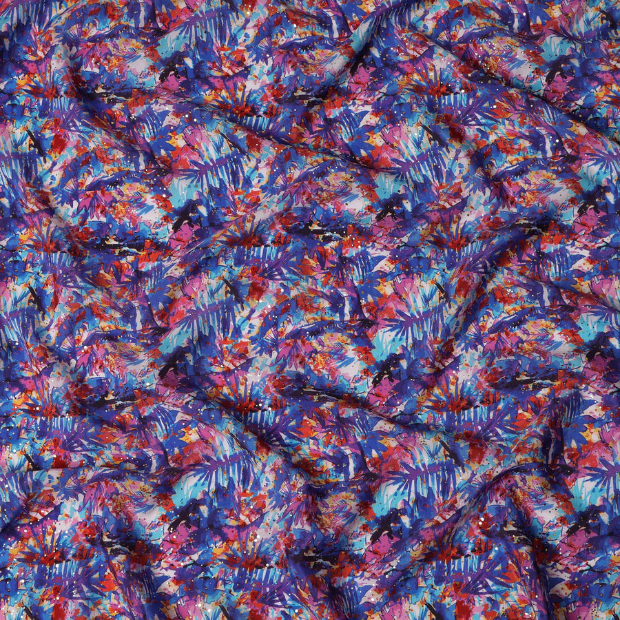 Blue Indian Viscose Crepe Fabric with Foil, Abstract Multicolor Print, 110 cm Width-D20927