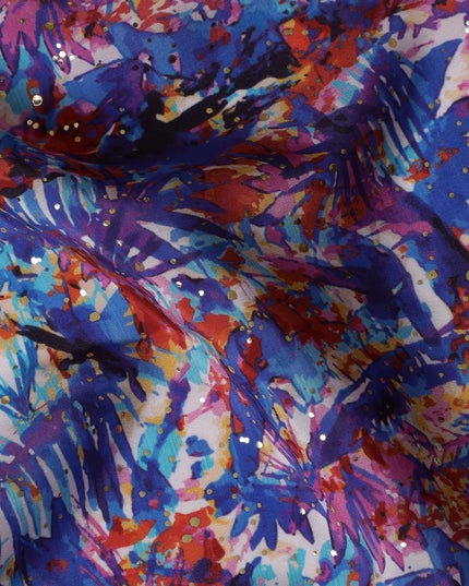 Blue Indian Viscose Crepe Fabric with Foil, Abstract Multicolor Print, 110 cm Width-D20927