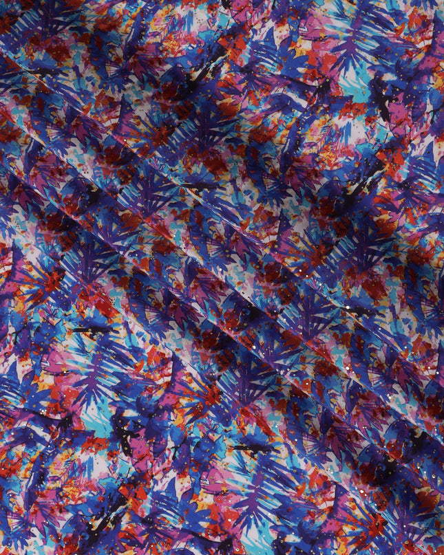 Blue Indian Viscose Crepe Fabric with Foil, Abstract Multicolor Print, 110 cm Width-D20927