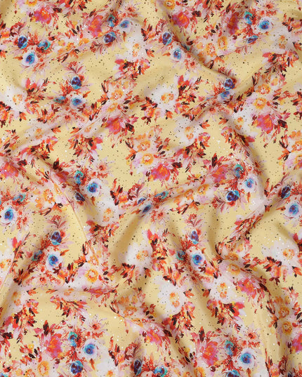 Yellow Indian Viscose Crepe Fabric with Foil, Floral Print in Pink, Blue & Orange, 110 cm Width-D20928