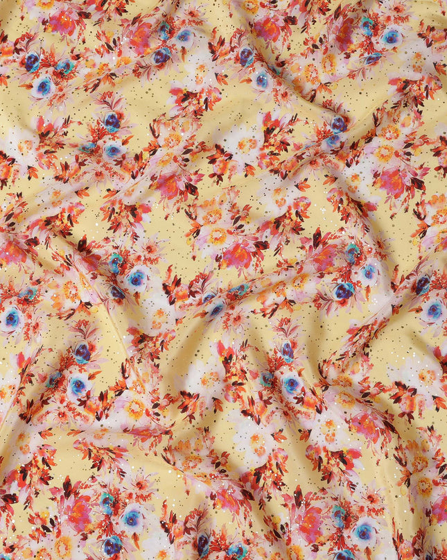 Yellow Indian Viscose Crepe Fabric with Foil, Floral Print in Pink, Blue & Orange, 110 cm Width-D20928