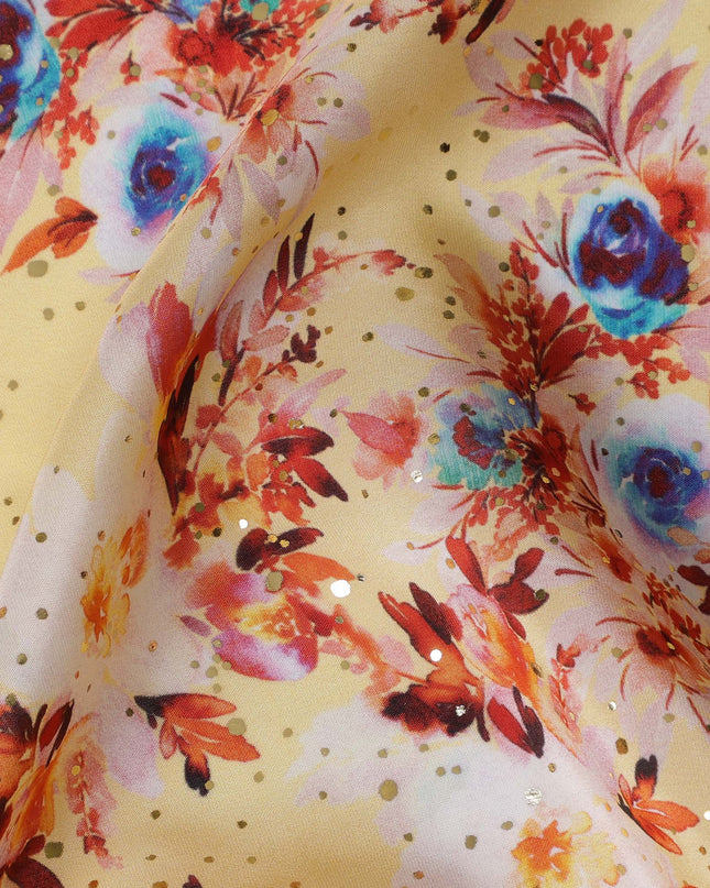 Yellow Indian Viscose Crepe Fabric with Foil, Floral Print in Pink, Blue & Orange, 110 cm Width-D20928