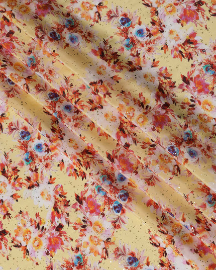 Yellow Indian Viscose Crepe Fabric with Foil, Floral Print in Pink, Blue & Orange, 110 cm Width-D20928