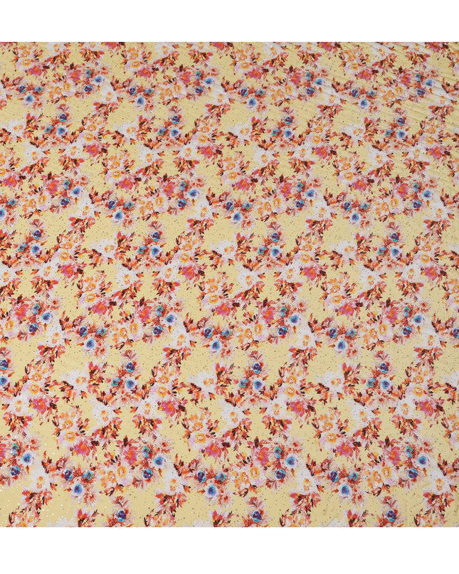 Yellow Indian Viscose Crepe Fabric with Foil, Floral Print in Pink, Blue & Orange, 110 cm Width-D20928