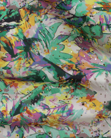 Green Indian Viscose Crepe Fabric with Foil, Abstract Multicolor Print, 110 cm Width-D20929