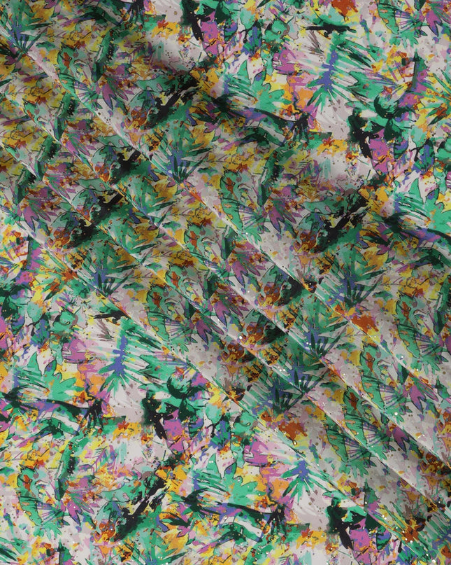 Green Indian Viscose Crepe Fabric with Foil, Abstract Multicolor Print, 110 cm Width-D20929