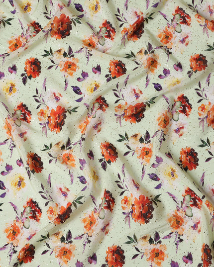 Mint Green Indian Viscose Crepe Fabric with Foil, Red & Orange Floral Print, 110 cm Width-D20930