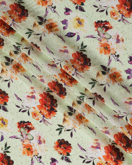 Mint Green Indian Viscose Crepe Fabric with Foil, Red & Orange Floral Print, 110 cm Width-D20930