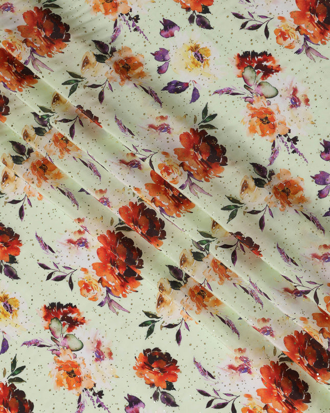 Mint Green Indian Viscose Crepe Fabric with Foil, Red & Orange Floral Print, 110 cm Width-D20930