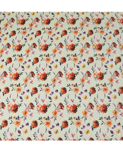 Mint Green Indian Viscose Crepe Fabric with Foil, Red & Orange Floral Print, 110 cm Width-D20930