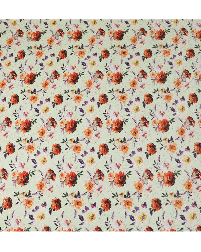 Mint Green Indian Viscose Crepe Fabric with Foil, Red & Orange Floral Print, 110 cm Width-D20930