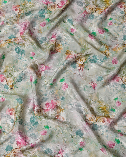 Sage Green Indian Viscose Modal Satin Fabric, Pastel Floral Print, 110 cm Width-D20931