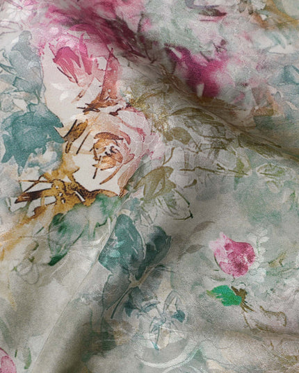 Sage Green Indian Viscose Modal Satin Fabric, Pastel Floral Print, 110 cm Width-D20931